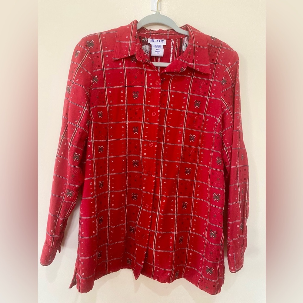 Vintage Blair embroidered Women’s Button down Shirt full sleeves green Xmas M